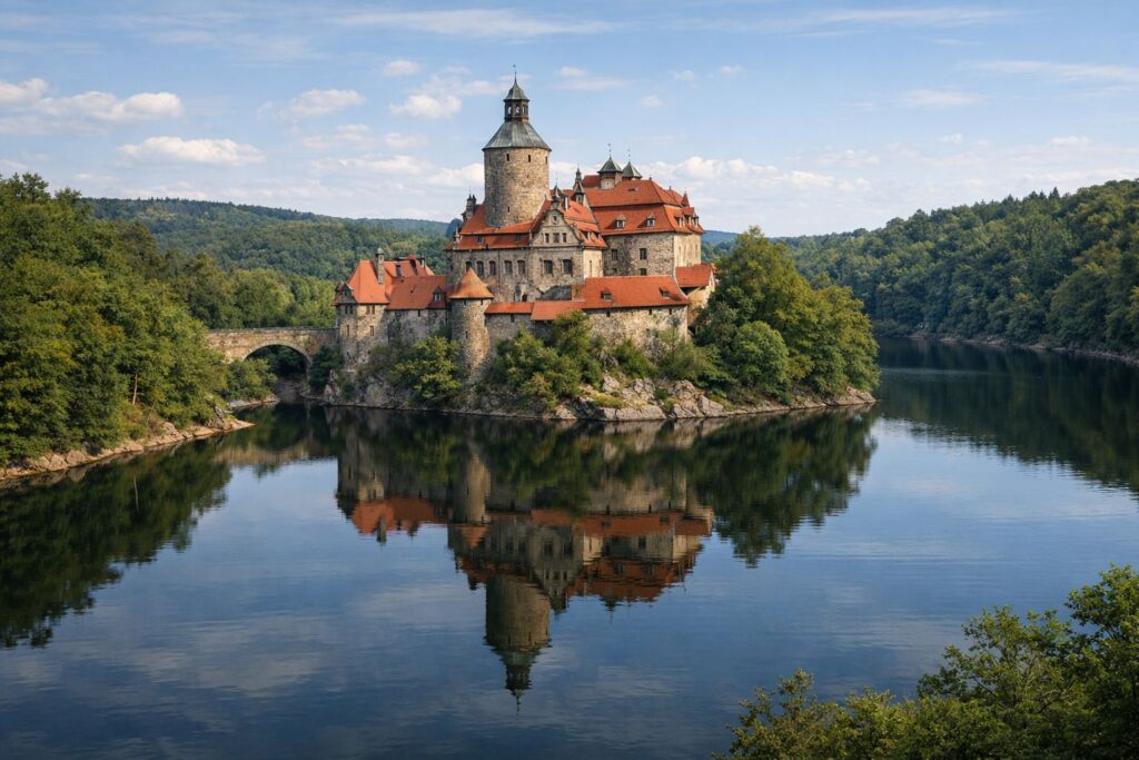 Panorama Zamku Czocha w miejscowości Sucha na Dolnym Śląsku z widokiem na jezioro